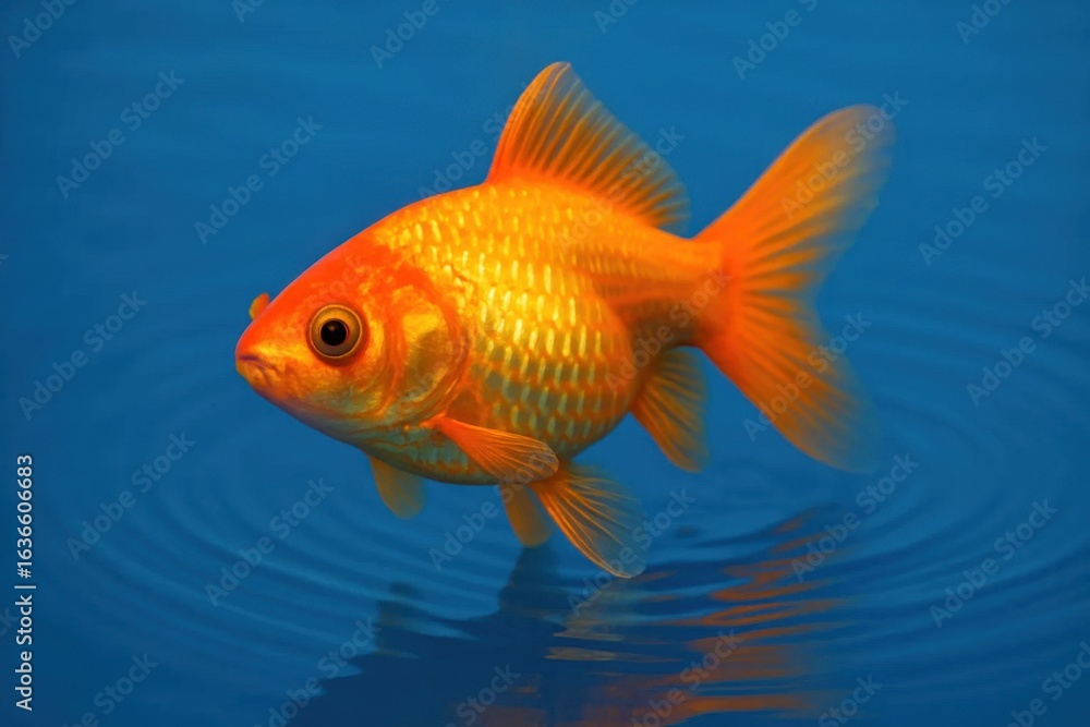 Naklejka premium A lone goldfish glides effortlessly on a tranquil blue sea, its vibrant scales reflecting the serene light of day