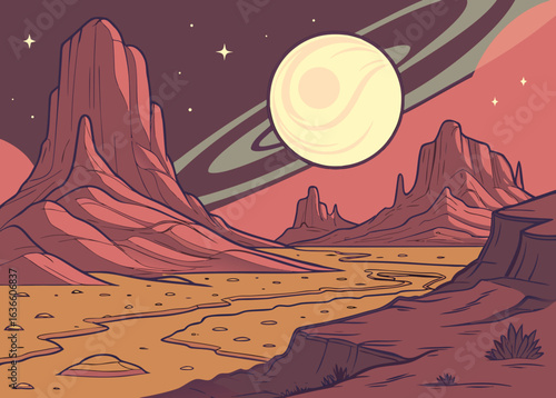 Sci-fi alien desert landscape with ringed planet science fiction