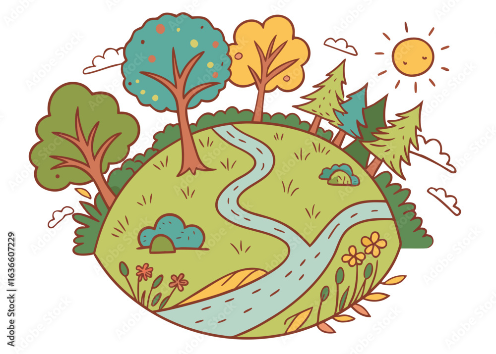 Fototapeta premium Whimsical cartoon globe with trees, river, and flowers