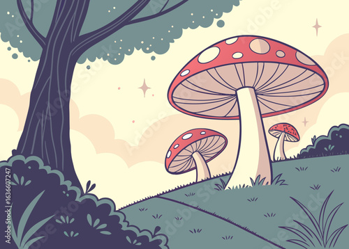 Whimsical forest scene with large red and white mushrooms