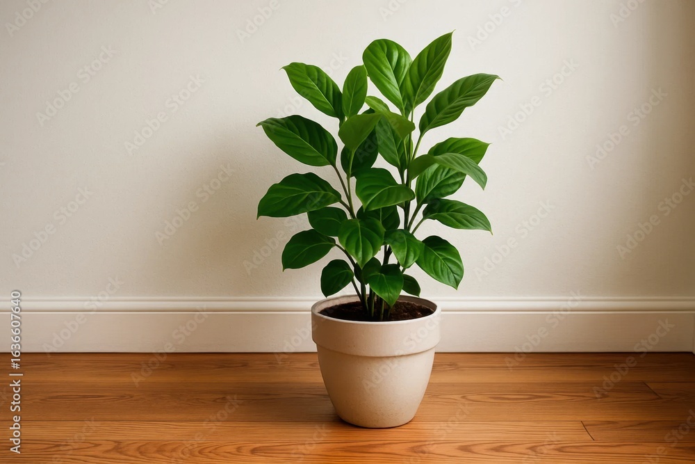 Fototapeta premium A lush green plant thrives in a simple white pot on a wooden floor against a pristine white wall, symbolizing tranquility and natural beauty