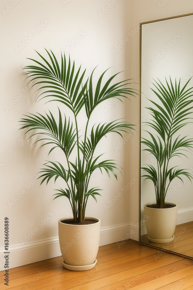 Obraz premium A Pair of Palms Against a White Wall with a Golden Mirror