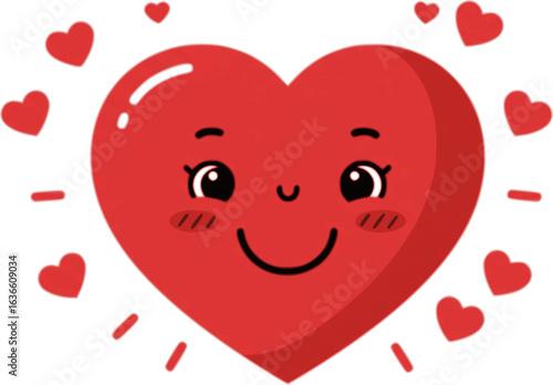 Happy Heart Character: Smiling heart character with simple facial expressions and heart symbols radiating love and happiness.