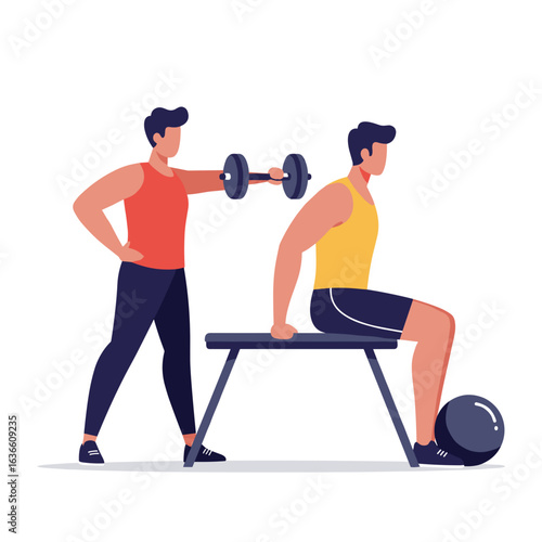 Men working out together in gym with weights and exercise ball   Couple gym workout