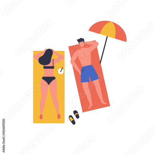 Young couple sunbathing on colorful towels near umbrella  