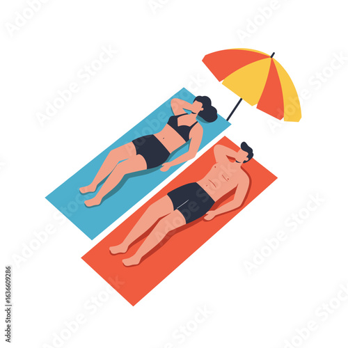 Couple sunbathing on beach towels under colorful umbrella  