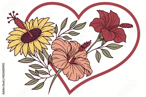 Floral Heart: An artistic display of nature's beauty, where a vibrant sunflower and other colorful flowers intertwine within a heart-shaped frame.