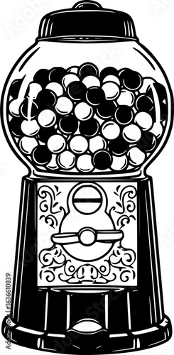 Classic Candy Dispenser: A classic black and white illustration of a vintage gumball machine, filled with colorful candies, offering a nostalgic glimpse into retro design. 