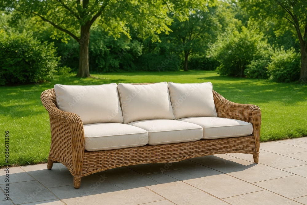 Fototapeta premium A wicker sofa invites relaxation in a serene garden setting