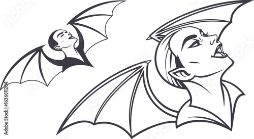 Stylized gothic illustration of two vampire women with bat wings one with an open mouth and the other looking up in ecstasy