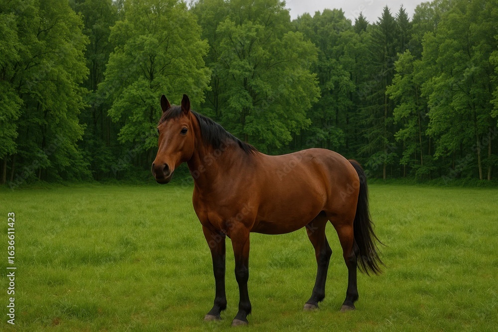 Fototapeta premium A Lone Horse in a Verdant Forest