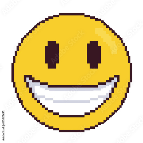 Pixelated yellow smiley face icon with a wide beaming toothy grin.