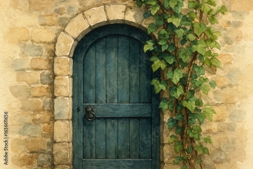 Wallpaper Mural A Timeless Blue Door and Vine-Adorned Wall Torontodigital.ca