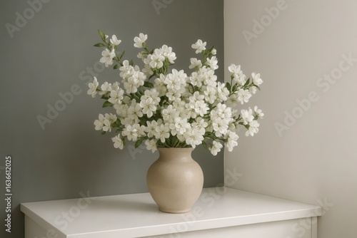 Wallpaper Mural A vase of pristine white flowers stands as a gentle reminder of nature's beauty, nestled in the quiet embrace of a minimalist space Torontodigital.ca