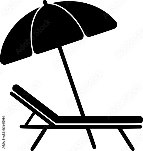Beach Chair and Umbrella Icon: A simple yet evocative icon depicting a classic beach chair reclined under a protective umbrella, symbolizing relaxation, summer vacations, and seaside leisure.