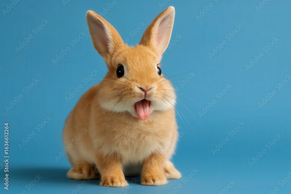 Fototapeta premium A playful orange rabbit with a pink tongue stands out against a serene blue background