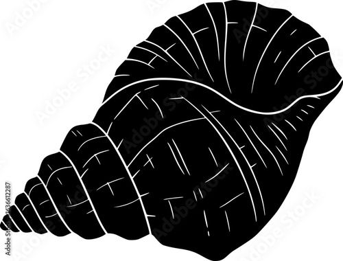 Seashell Icon: A bold, black silhouette of a conch shell, showcasing its intricate spiral and textured form. Perfect for summer themes, ocean designs, or nautical projects. 