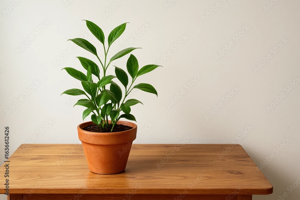 Fototapeta premium A lush green houseplant thrives in a minimalist setting, symbolizing the beauty of nature within our modern spaces