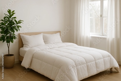 A serene bedroom setting with a pristine white quilt-covered bed, complemented by a lush green plant in a wooden pot, and softly filtered natural light from a window