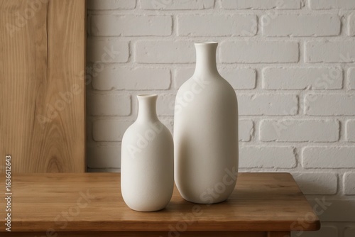 Two White Vases on a Wooden Shelf Against a Brick Wall