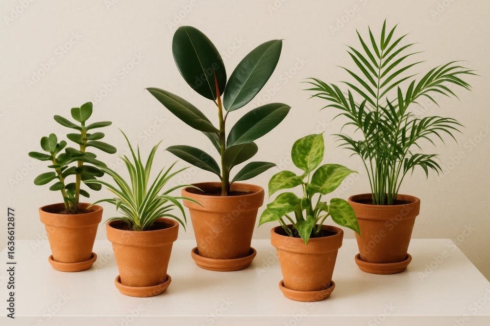 Obraz premium A serene collection of potted plants, each with its own unique charm, adorns a pristine white surface against a soft beige backdrop