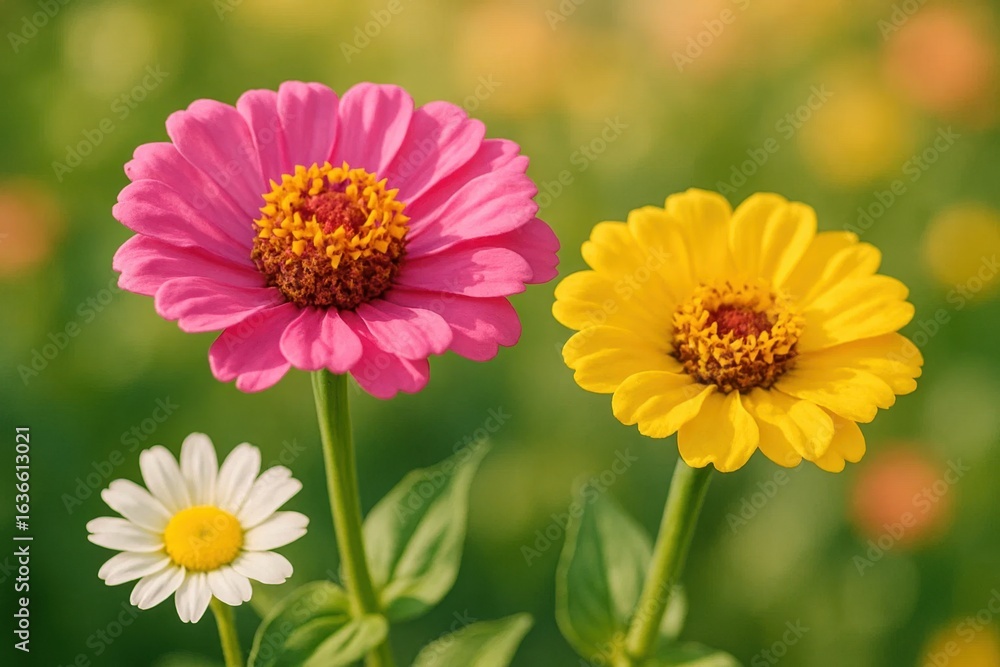 Obraz premium Pink zinnia and yellow daisy bloom in a field of green, with hints of orange and pink in the soft-focus background