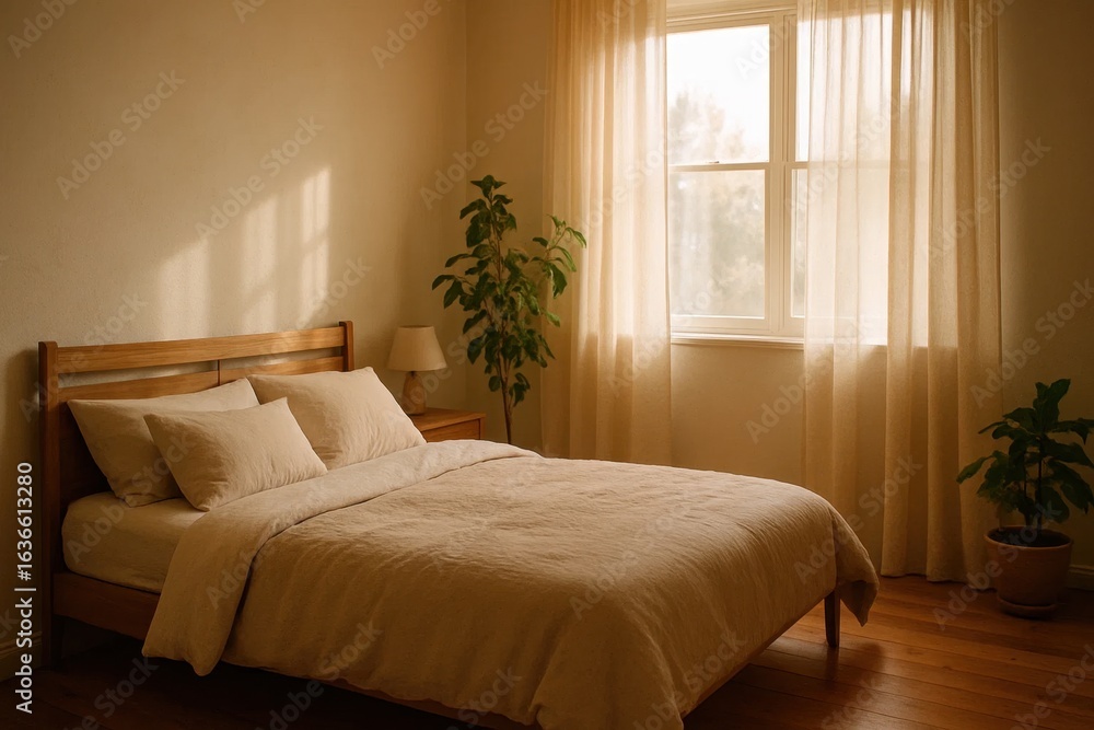 Fototapeta premium Embracing tranquility in a serene bedroom bathed in warm sunlight