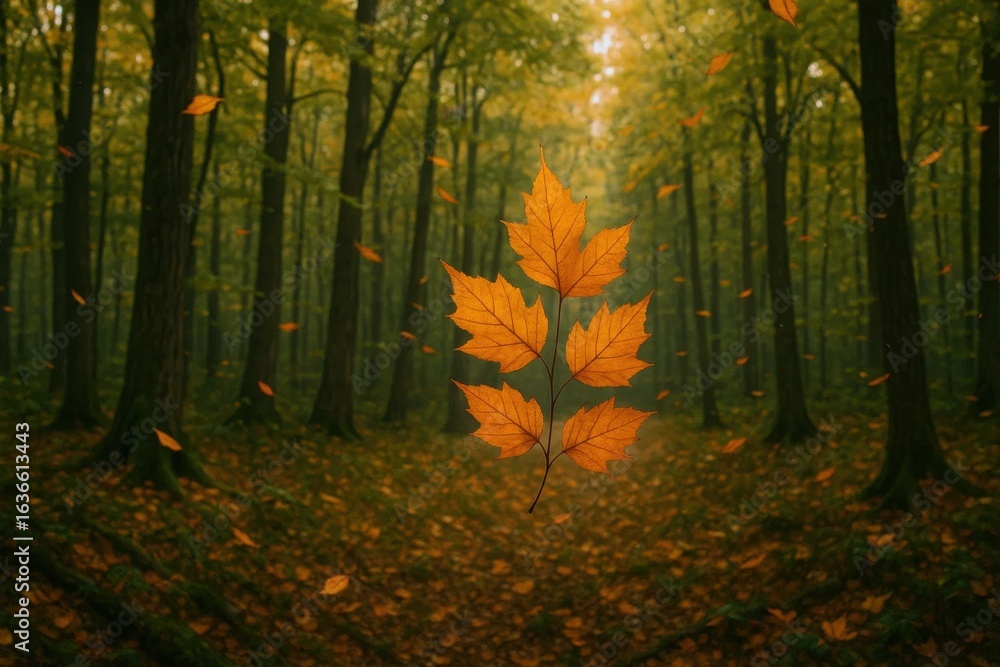 Obraz premium A Lone Maple Leaf Dances in a Whispering Forest