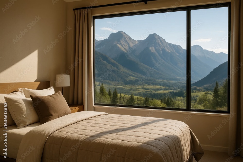 Obraz premium A serene bedroom overlooking a breathtaking mountain landscape