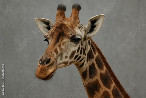 A Portrait of a Serene Giraffe Against a Textured Gray Backdrop