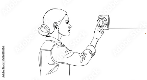 A woman adjusting a thermostat, black one line drawing illustration, concept of control, setting, and smart home automation