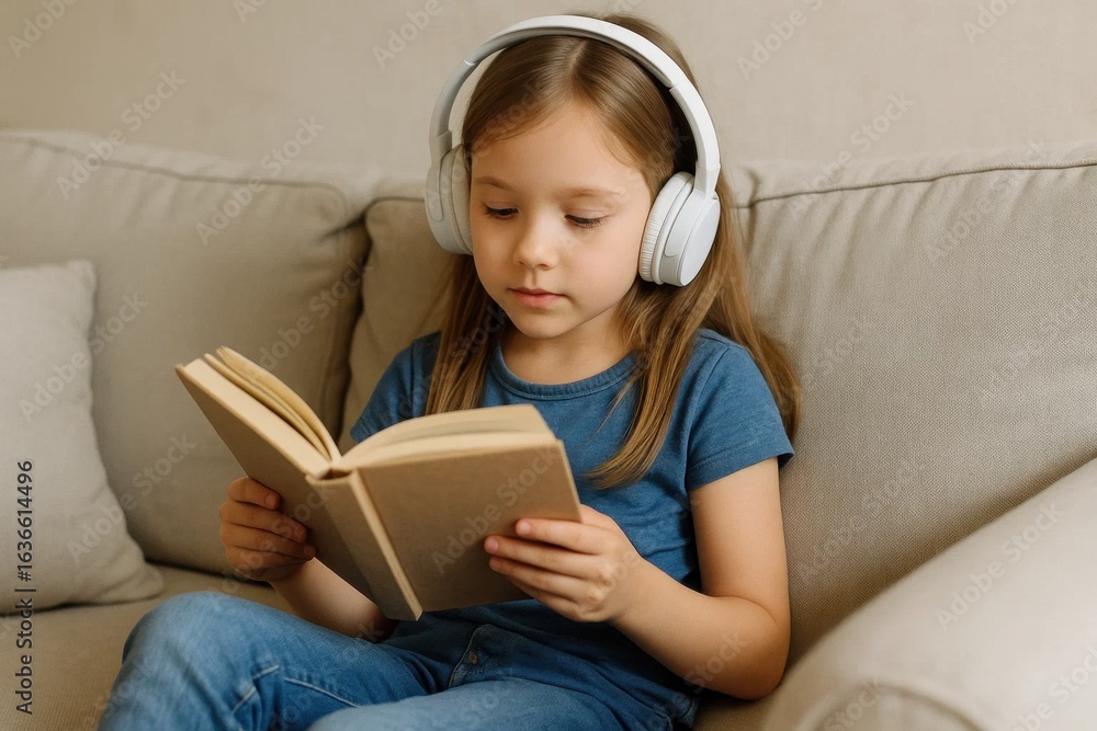 custom made wallpaper toronto digitalA young girl immersed in her world of stories, comfortably nestled on a plush sofa, with white headphones protecting her ears from the ambient noise