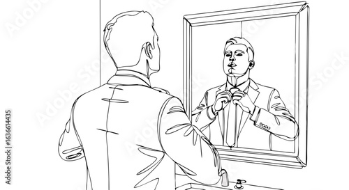Man tying his necktie while looking in the mirror. Getting ready for a formal event concept. Continuous line art style vector illustration