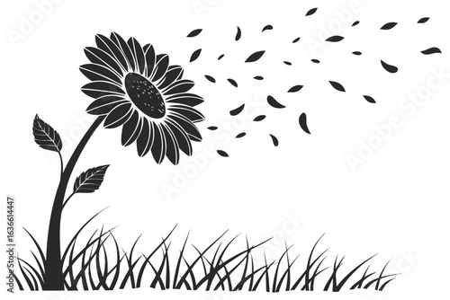 Sunflower in the Wind: A silhouette of a sunflower, its petals caught in a strong breeze, its leaves and petals blowing, demonstrating nature's power and the flower's resilience.
