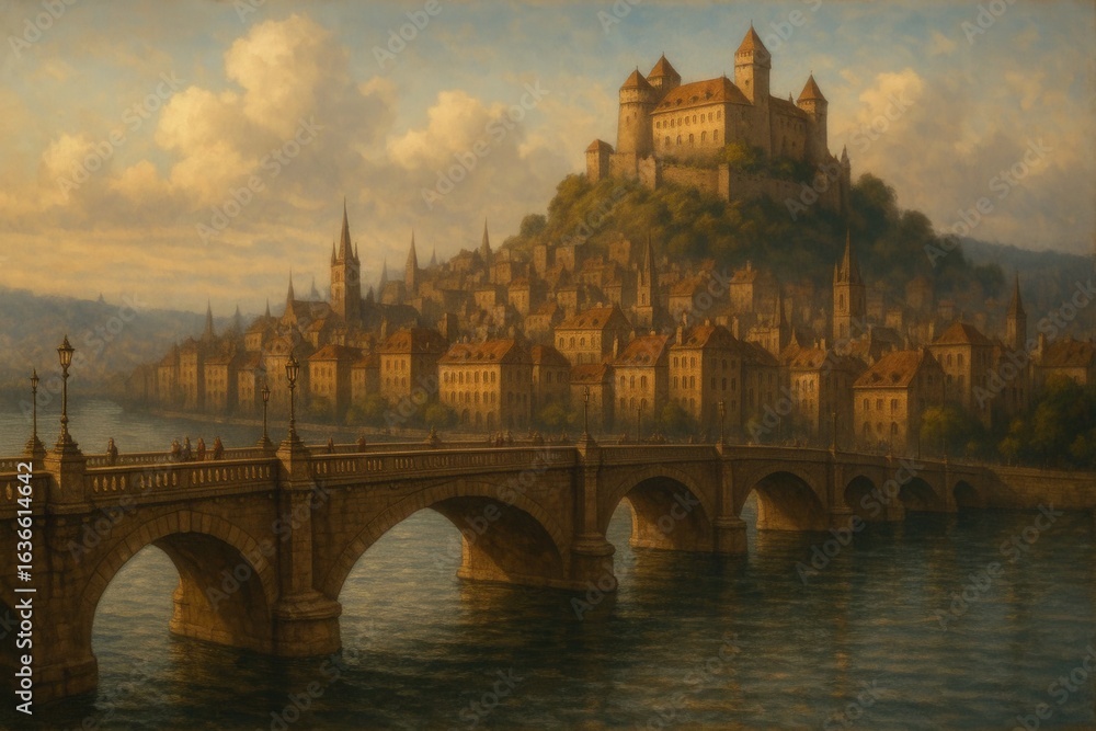 Obraz premium A Tranquil Riverside Cityscape at Dusk