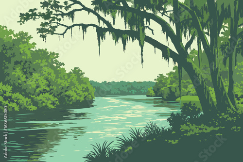 Crystal-clear spring waters of the Suwannee River in Florida, slowly drifting beneath hanging Spanish moss