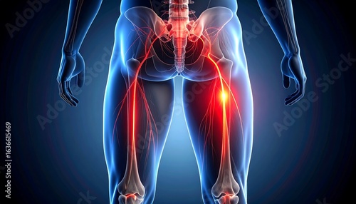 Digital anatomical illustration of sciatic nerve pain radiating through hips and thighs, emphasizing neural pathways and discomfort.