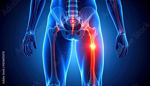 Digital anatomical illustration of sciatic nerve pain radiating through hips and thighs, emphasizing neural pathways and discomfort.