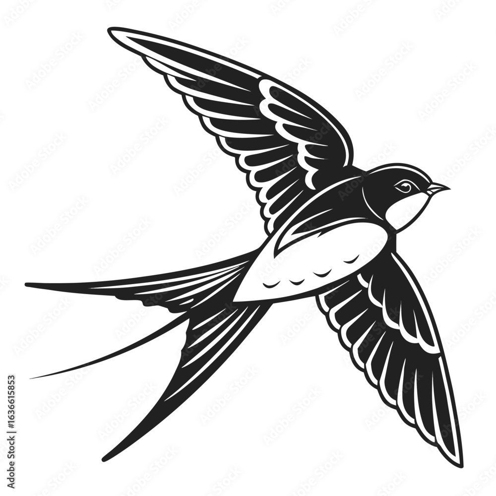 Fototapeta premium Soaring Silhouette: A graceful silhouette of a swallow in mid-flight, with expansive wings and flowing tail feathers against the sky.