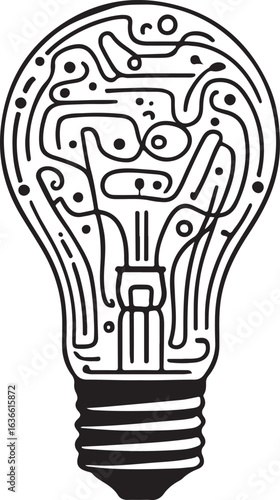 Black and white line art illustration of a light bulb with internal maze pattern labyrinth idea