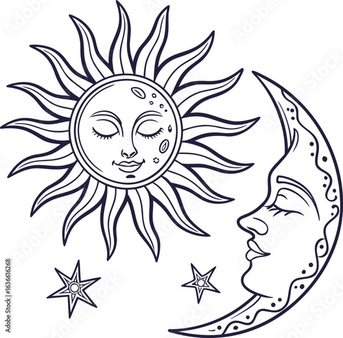 Vector art illustration of a smiling sun and moon with a boy and girl as the Pisces zodiac sign
