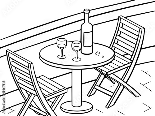 “Generate an overhead black-and-white illustration of a quiet, intimate setting: a round table, two chairs with slatted backs, a wine bottle, and two glasses.”