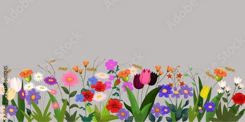 Horizontal grey banner or background with beautiful colorful flowers and leaves. Spring botanical vector illustration for wallpapers, banners, flyers, invitations, posters,  for wedding, birthday
