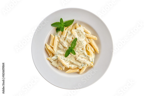 Delicious penne pasta with creamy white sauce isolated on transparent background
