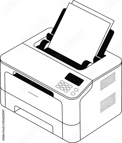 Isometric line drawing of a modern office printer with paper in the feeder