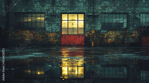 Red old factory gate under dim lighting