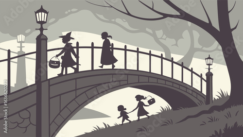 Silhouettes of people including a witch with a pumpkin bucket walk across a bridge with lampposts and trees in a stylized park