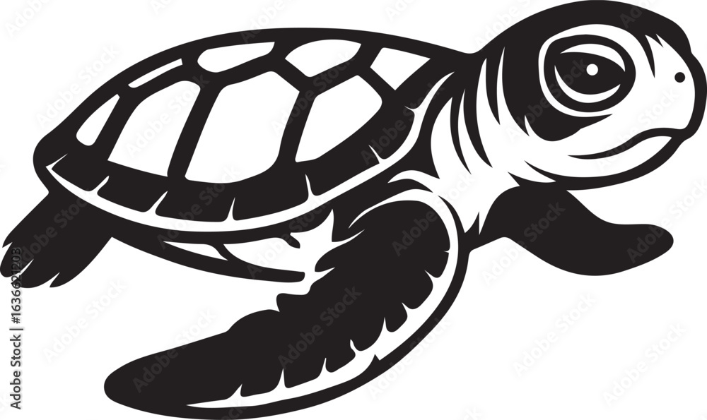 Fototapeta premium Baby sea turtle silhouette with detailed shell, Marine life black vector illustration