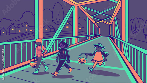 Children in halloween costumes walk across a bridge at dusk carrying pumpkins and trick or treat bags with houses and trees in the background