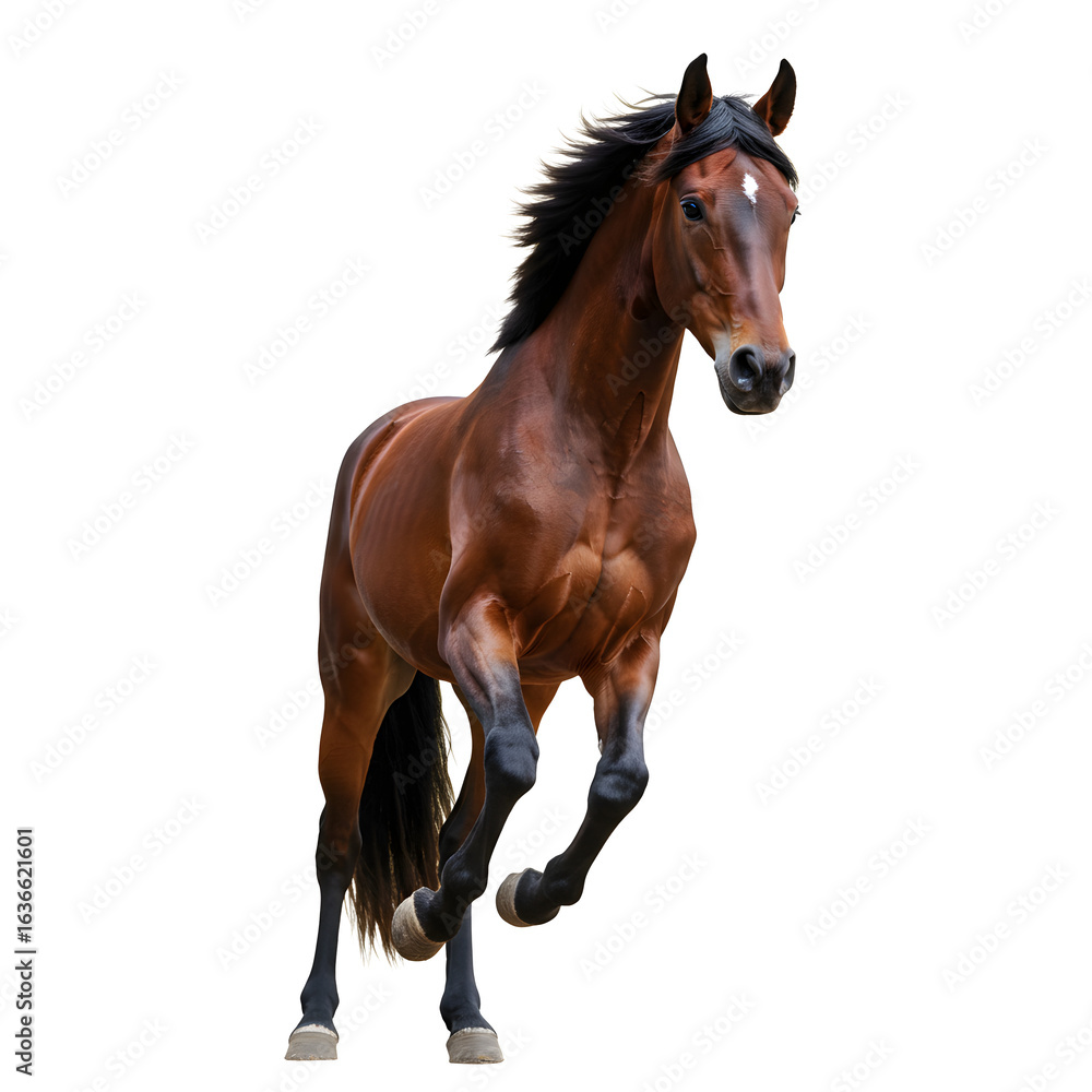 Obraz premium Majestic Horse in Full Gallop: A stunning chestnut horse is captured in mid-stride against an ethereal backdrop, showcasing its power, grace, and dynamic energy in a display of equine excellence.